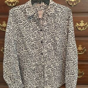 Chico's White and Black Leopard Print Button-Down Blouse